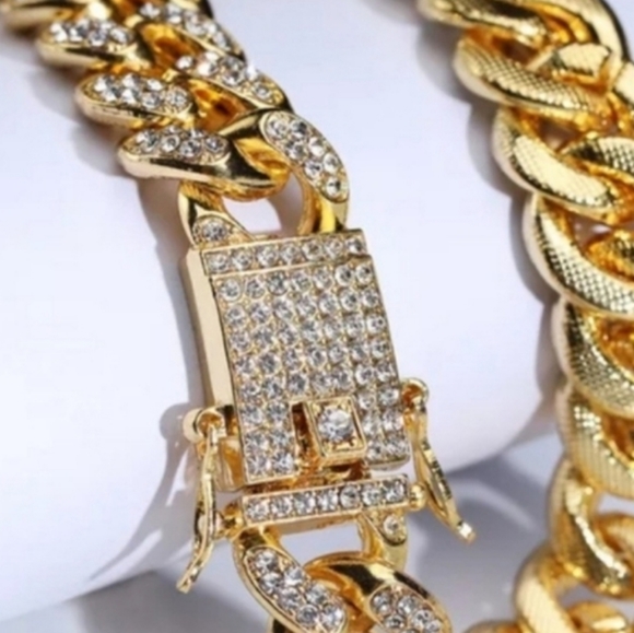 JEWELRY ANKLE BRACELET GOLD PLATE W/CRYSTALS ICED OUT CUBAN CHAIN 10" ANKLE - Picture 4 of 7